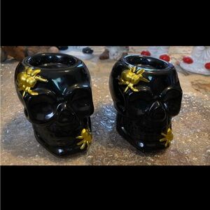 Black Skull Candle Holders with Gold Accents
